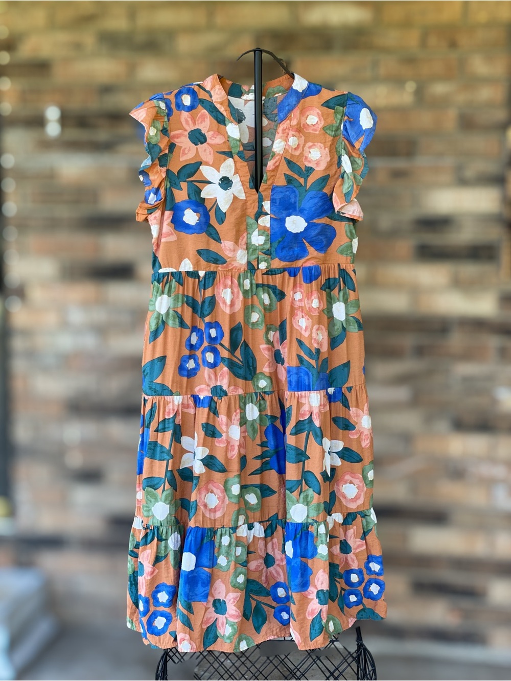 Entro Large Floral Tiered Midi Dress Rust Blue Flutter Sleeve Pockets